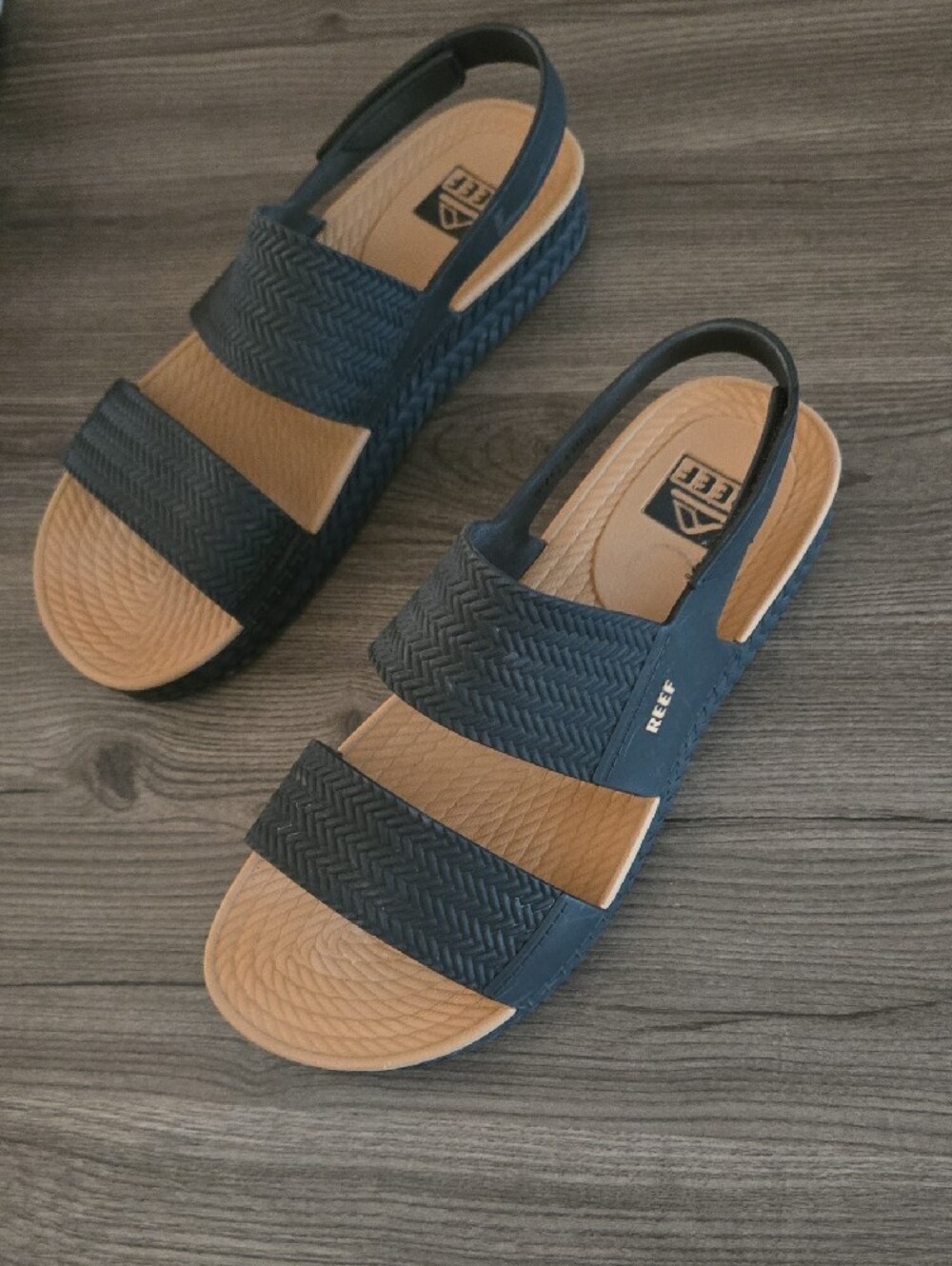 Reef Two-strap Black Sandals with Tan Footbed - Picture 8 of 12